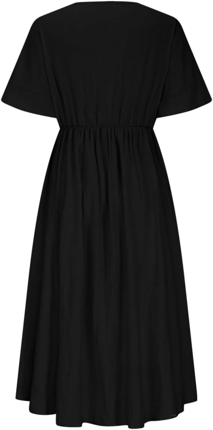 JOAU Women 2025 Summer Elastic Waist Flowy Dress with Pockets Wrap V Neck Short Sleeve Hi-Low Hem Beach Vacation Dresses
