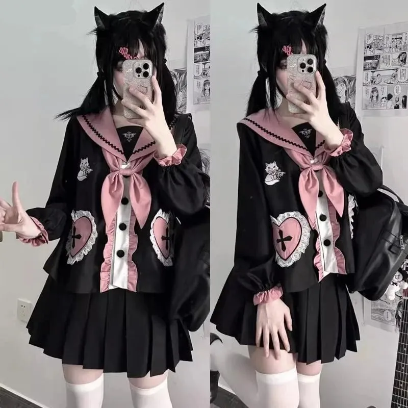 Kawaii Academia Style Uniform with Pink Heart Details