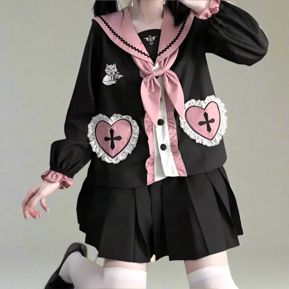 Kawaii Academia Style Uniform with Pink Heart Details