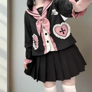 Kawaii Academia Style Uniform with Pink Heart Details