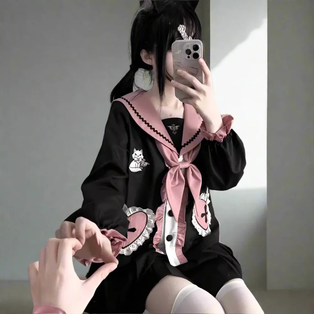 Kawaii Academia Style Uniform with Pink Heart Details