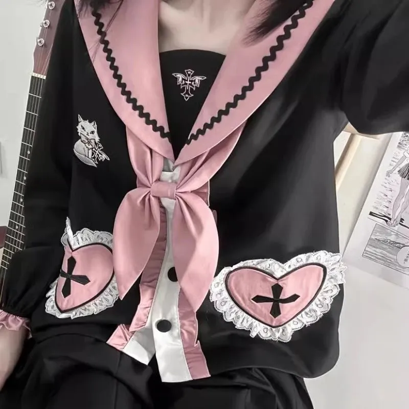 Kawaii Academia Style Uniform with Pink Heart Details