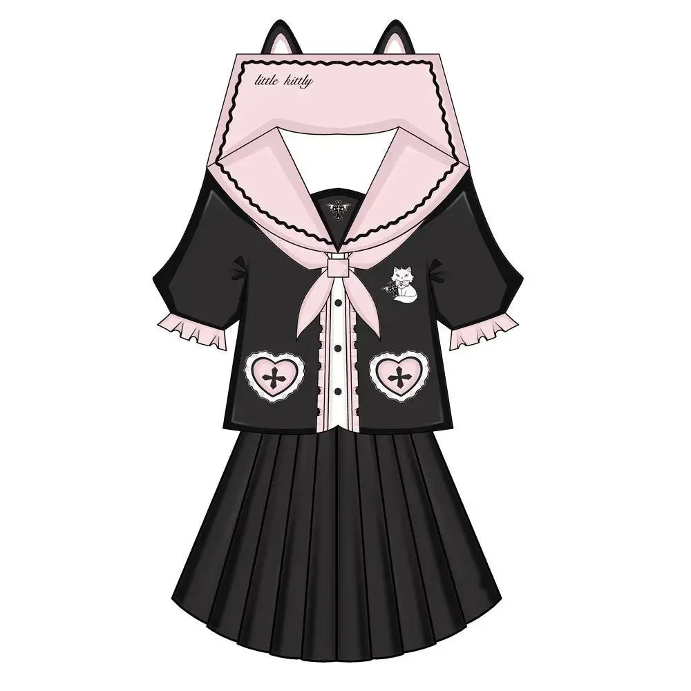 Kawaii Academia Style Uniform with Pink Heart Details