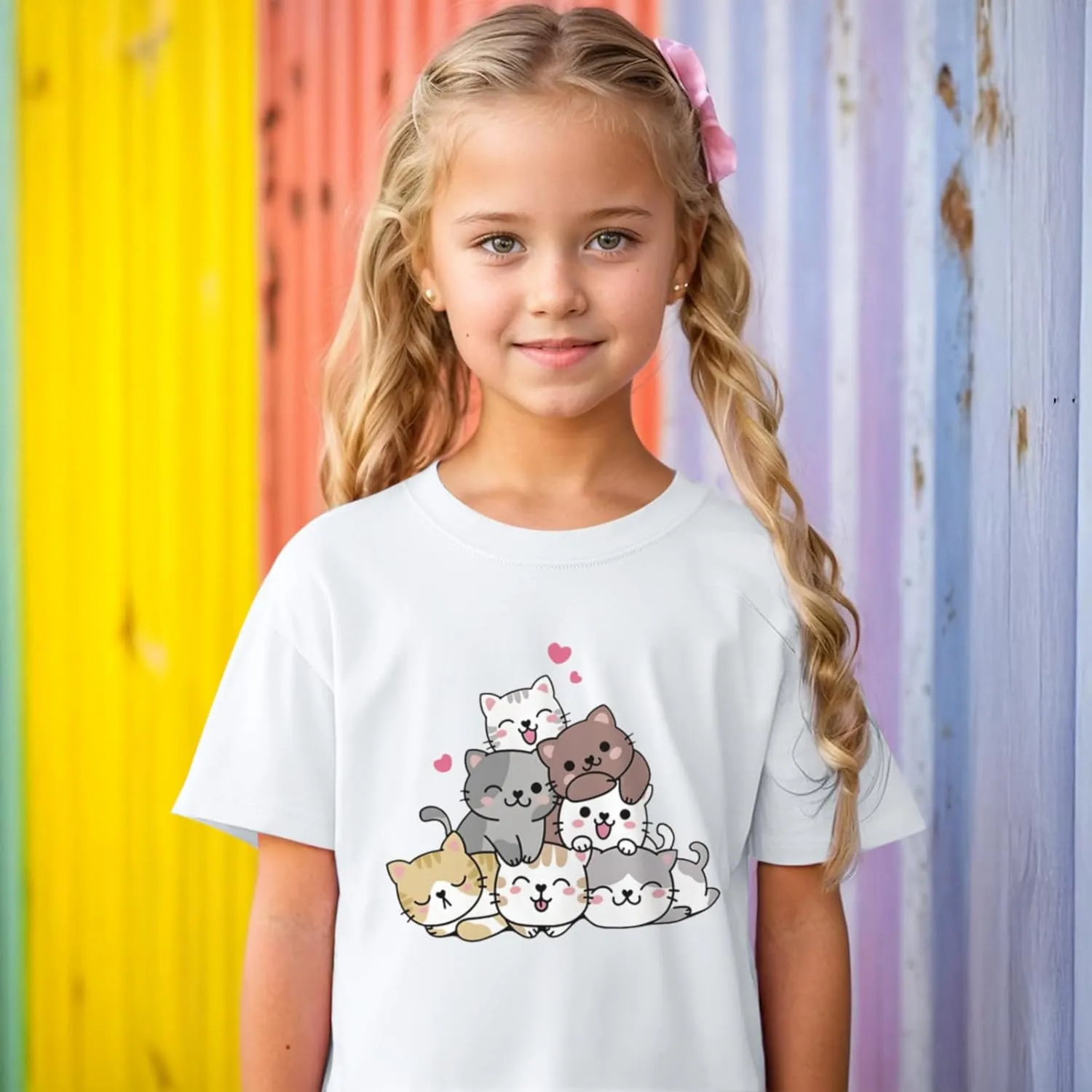 KEEVICI Cute Cartoon Cat Shirts for Girls Kids Graphic Tees Kawaii Animal Pattern T Shirt Cotton Crewneck Summer Loose Tops