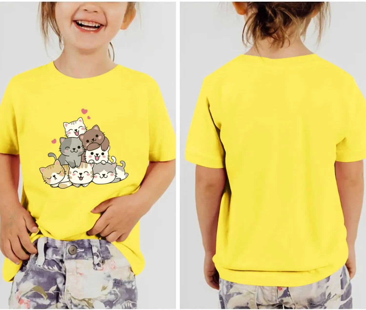 KEEVICI Cute Cartoon Cat Shirts for Girls Kids Graphic Tees Kawaii Animal Pattern T Shirt Cotton Crewneck Summer Loose Tops