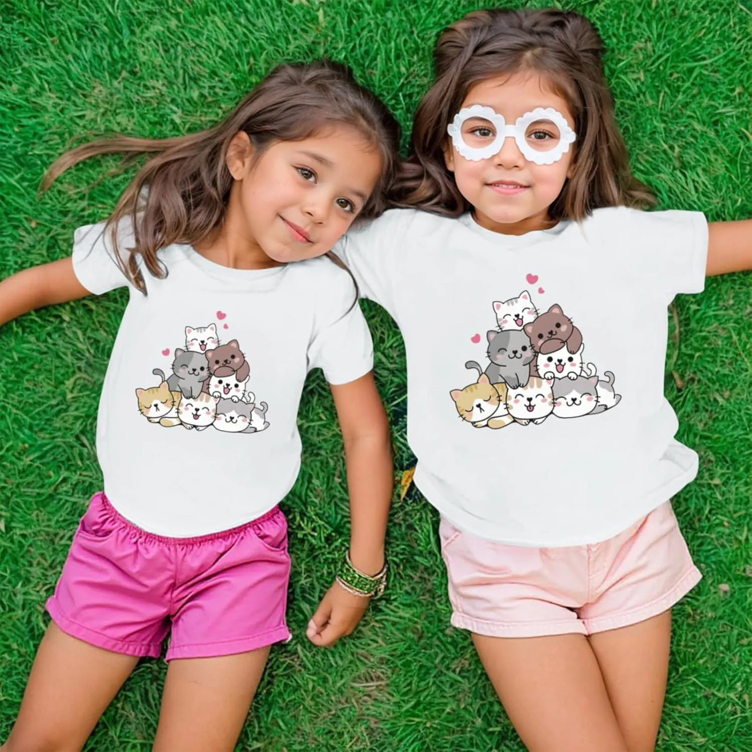 KEEVICI Cute Cartoon Cat Shirts for Girls Kids Graphic Tees Kawaii Animal Pattern T Shirt Cotton Crewneck Summer Loose Tops