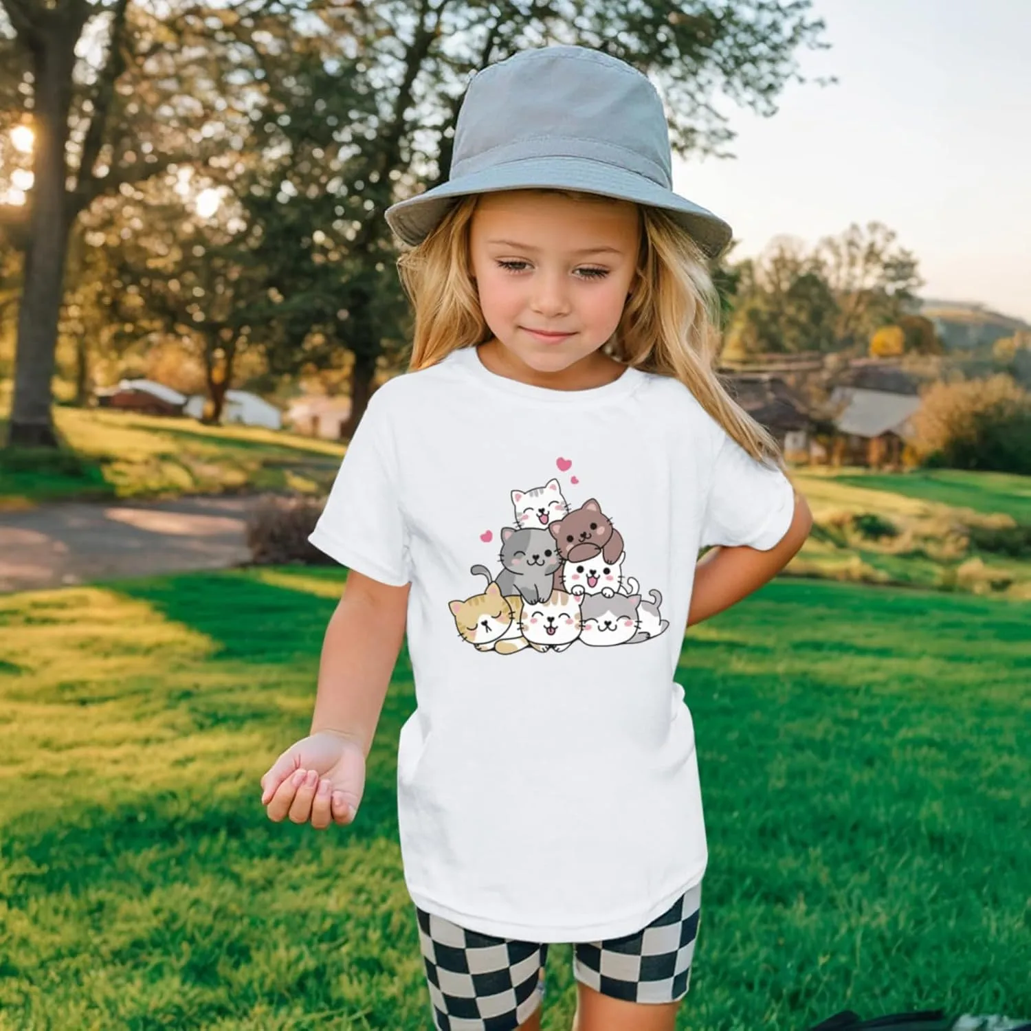 KEEVICI Cute Cartoon Cat Shirts for Girls Kids Graphic Tees Kawaii Animal Pattern T Shirt Cotton Crewneck Summer Loose Tops
