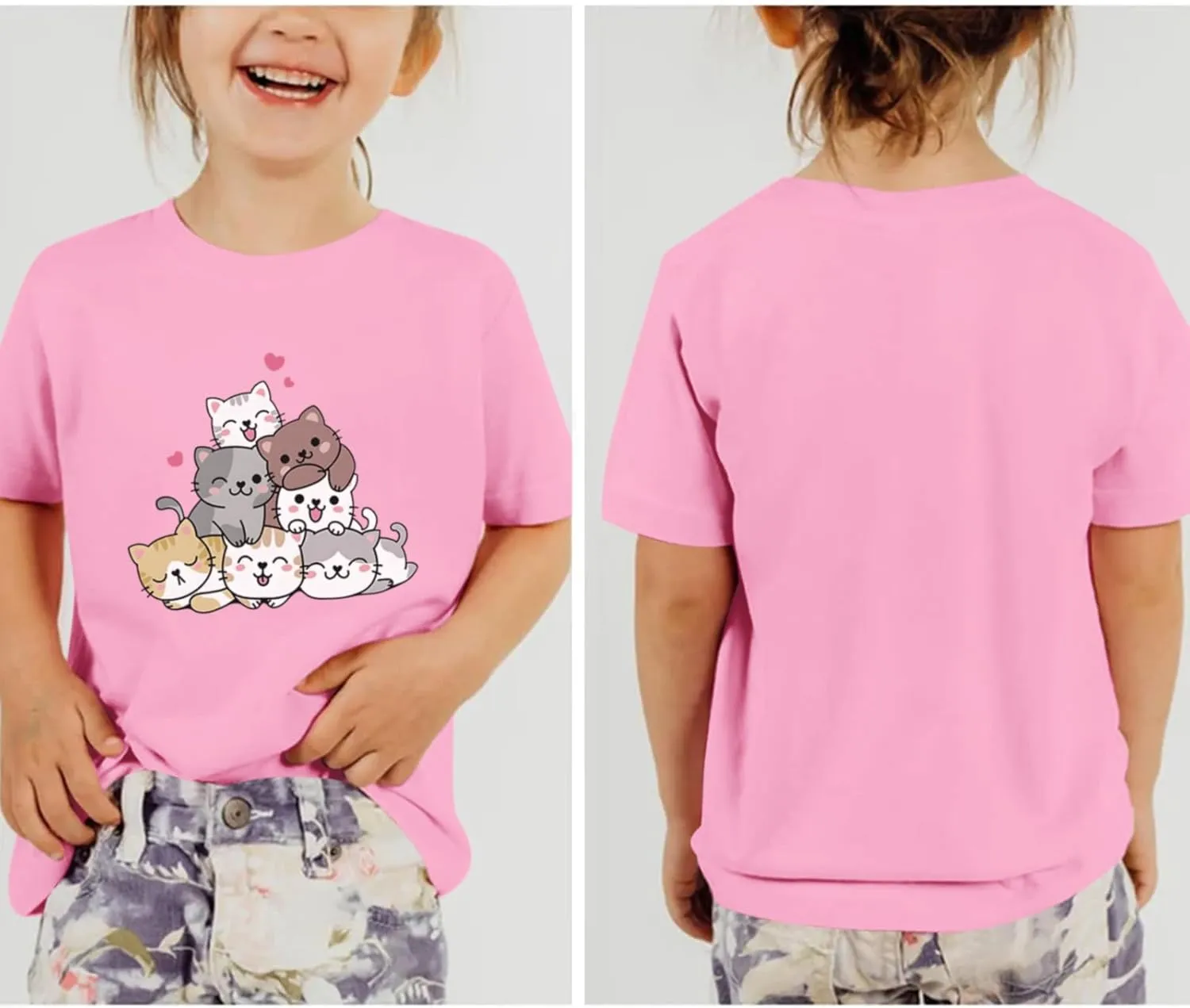 KEEVICI Cute Cartoon Cat Shirts for Girls Kids Graphic Tees Kawaii Animal Pattern T Shirt Cotton Crewneck Summer Loose Tops