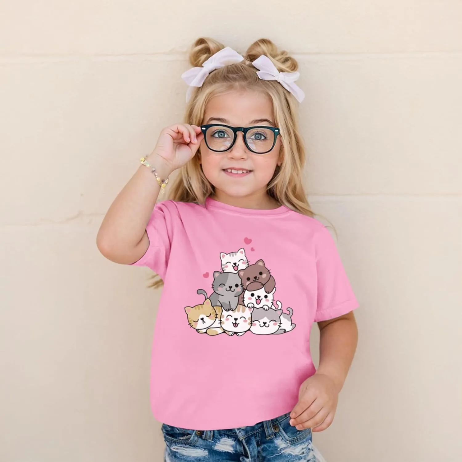 KEEVICI Cute Cartoon Cat Shirts for Girls Kids Graphic Tees Kawaii Animal Pattern T Shirt Cotton Crewneck Summer Loose Tops