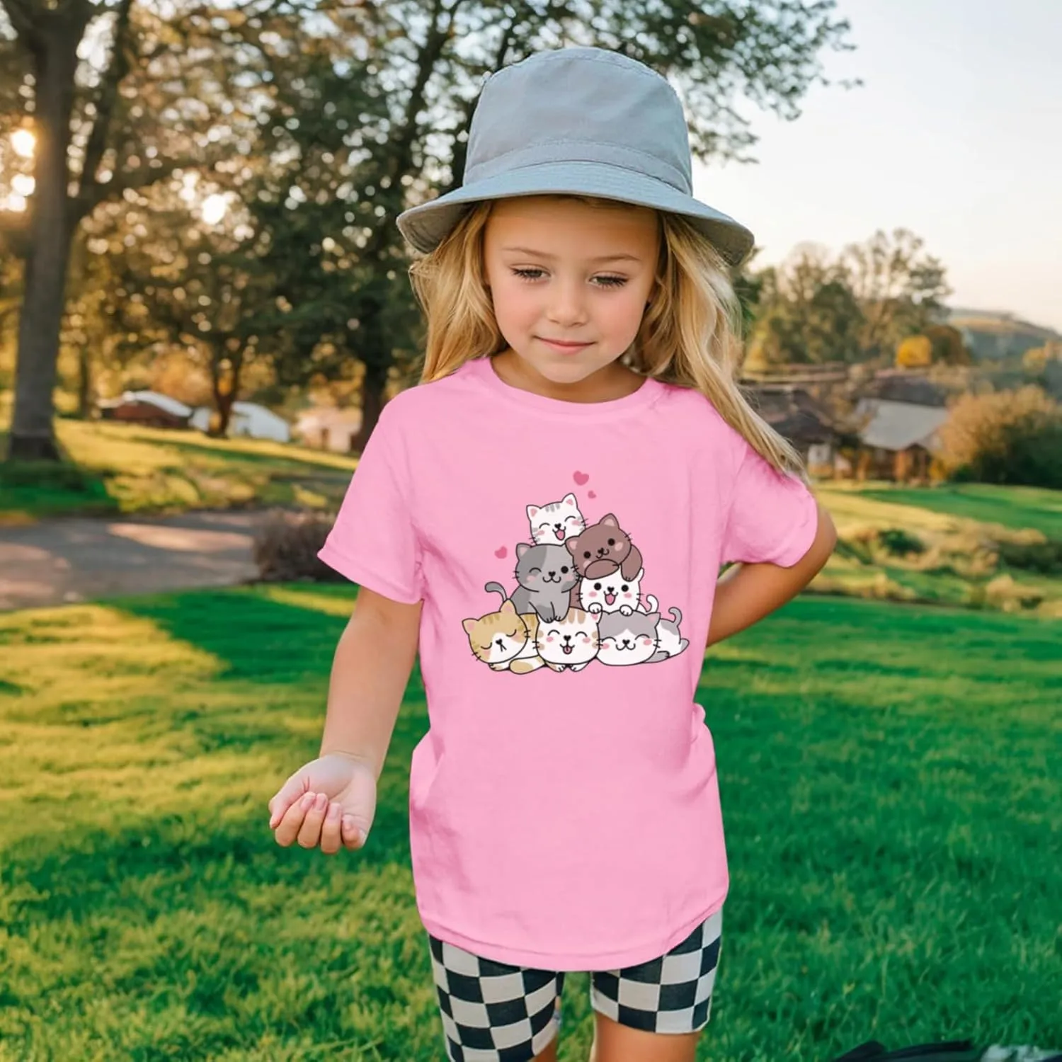 KEEVICI Cute Cartoon Cat Shirts for Girls Kids Graphic Tees Kawaii Animal Pattern T Shirt Cotton Crewneck Summer Loose Tops