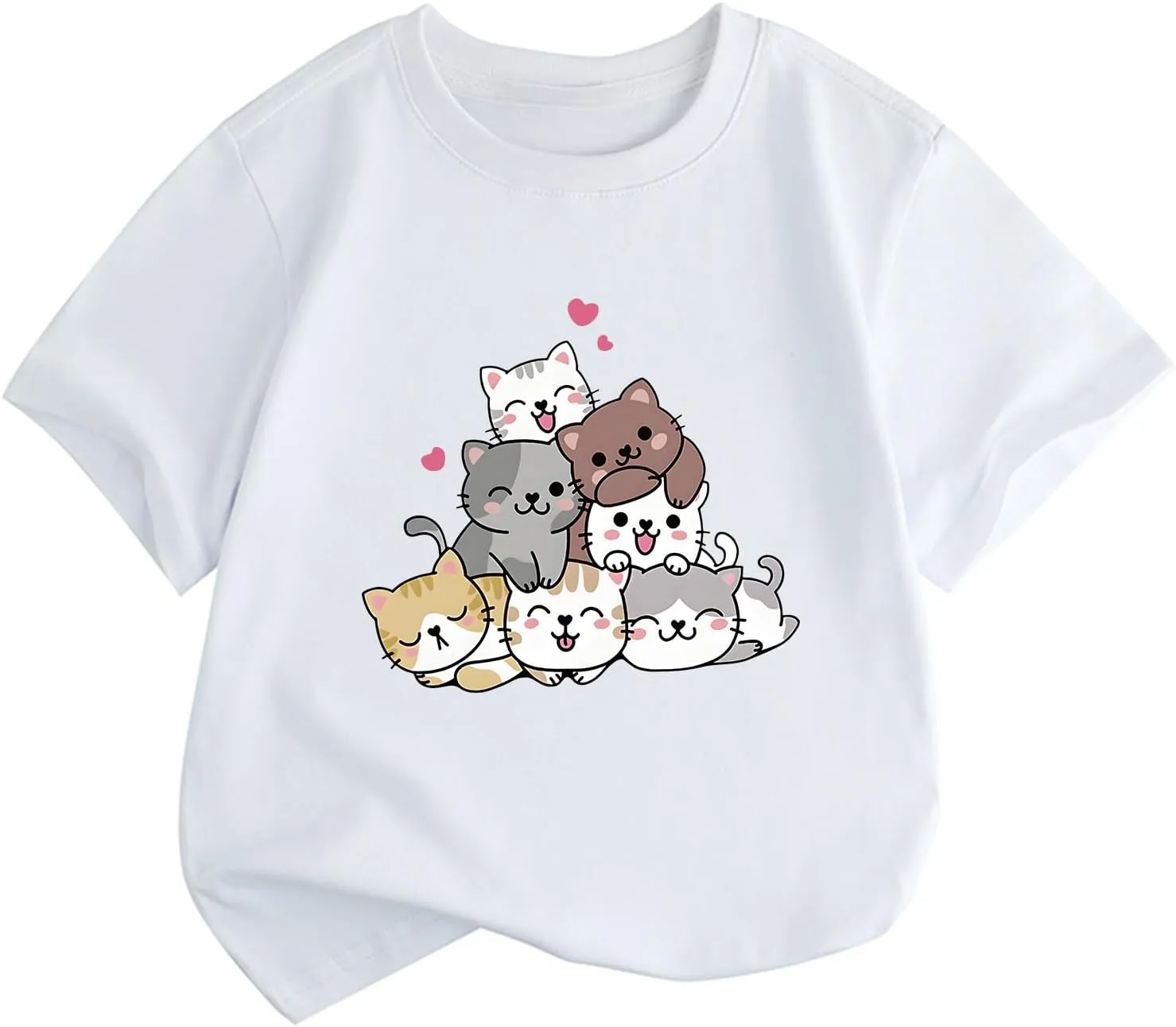 KEEVICI Cute Cartoon Cat Shirts for Girls Kids Graphic Tees Kawaii Animal Pattern T Shirt Cotton Crewneck Summer Loose Tops