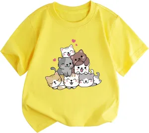 KEEVICI Cute Cartoon Cat Shirts for Girls Kids Graphic Tees Kawaii Animal Pattern T Shirt Cotton Crewneck Summer Loose Tops