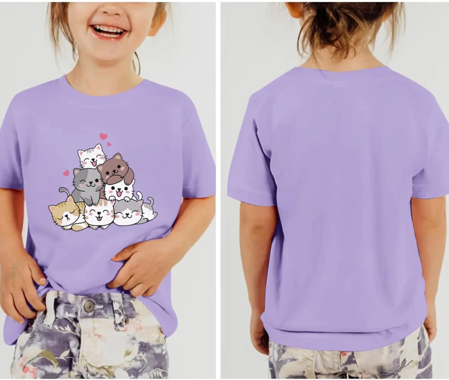 KEEVICI Cute Cartoon Cat Shirts for Girls Kids Graphic Tees Kawaii Animal Pattern T Shirt Cotton Crewneck Summer Loose Tops