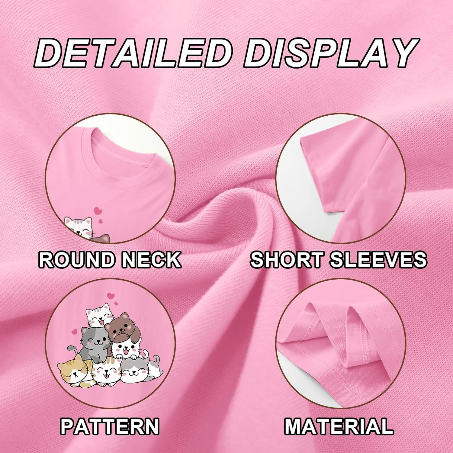 KEEVICI Cute Cartoon Cat Shirts for Girls Kids Graphic Tees Kawaii Animal Pattern T Shirt Cotton Crewneck Summer Loose Tops