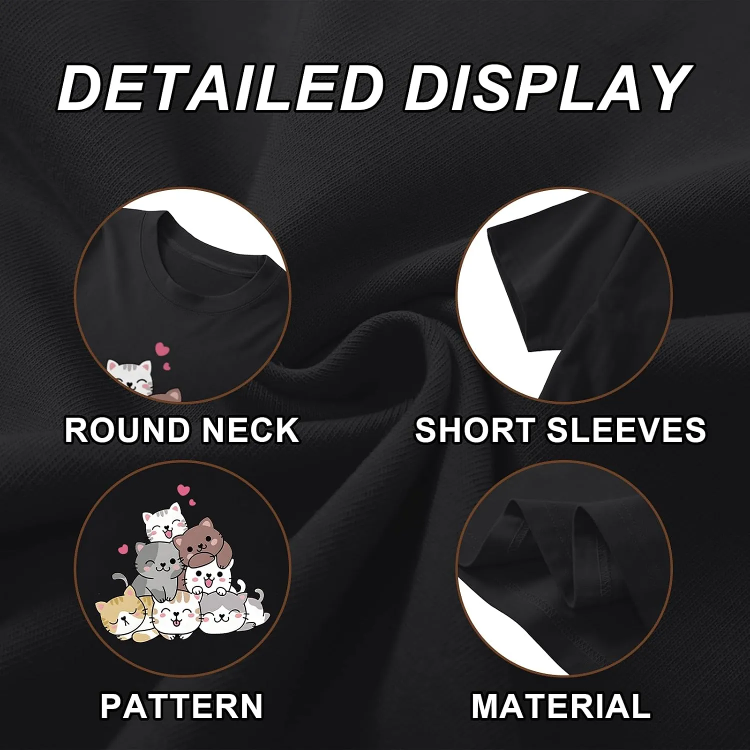 KEEVICI Cute Cartoon Cat Shirts for Girls Kids Graphic Tees Kawaii Animal Pattern T Shirt Cotton Crewneck Summer Loose Tops