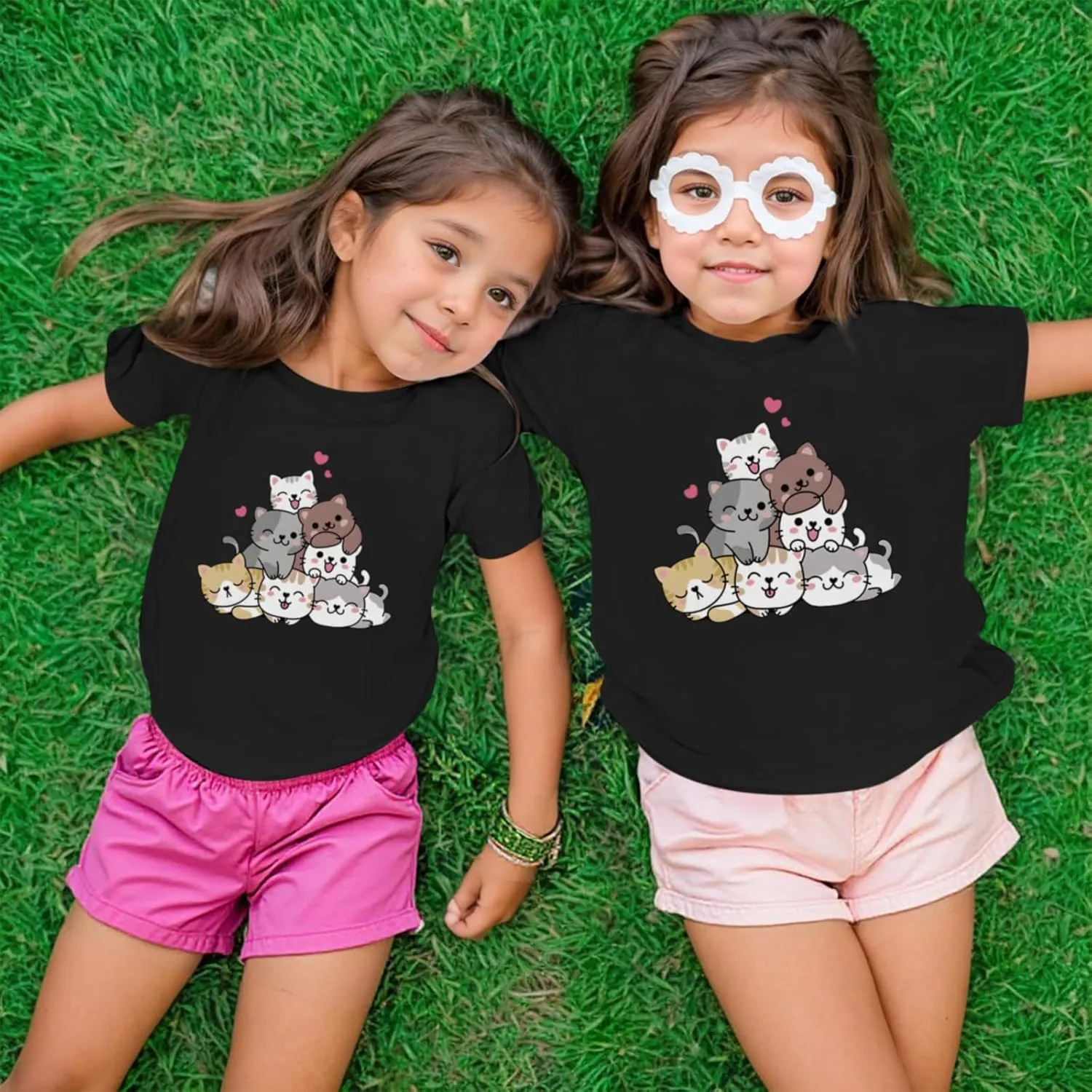 KEEVICI Cute Cartoon Cat Shirts for Girls Kids Graphic Tees Kawaii Animal Pattern T Shirt Cotton Crewneck Summer Loose Tops
