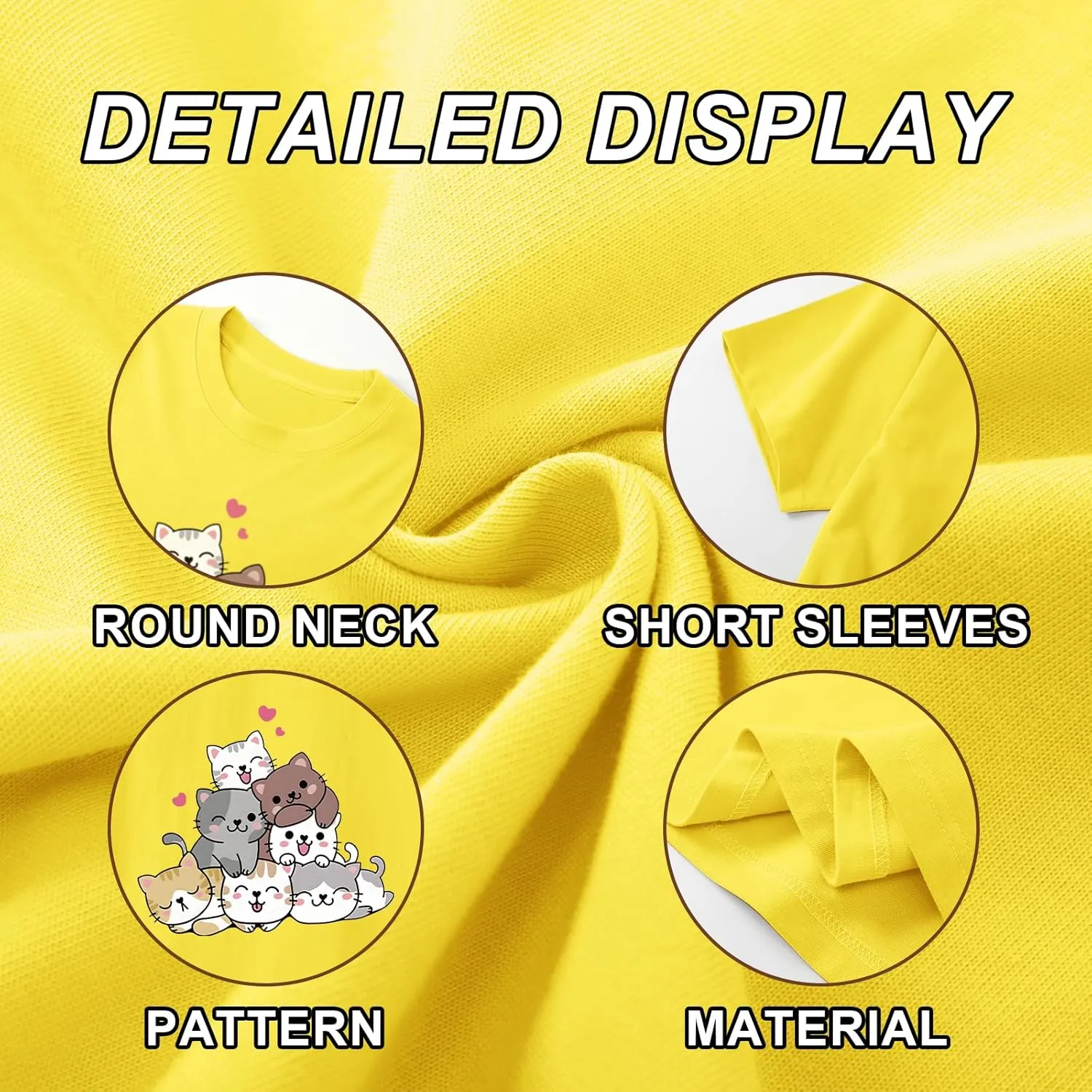 KEEVICI Cute Cartoon Cat Shirts for Girls Kids Graphic Tees Kawaii Animal Pattern T Shirt Cotton Crewneck Summer Loose Tops