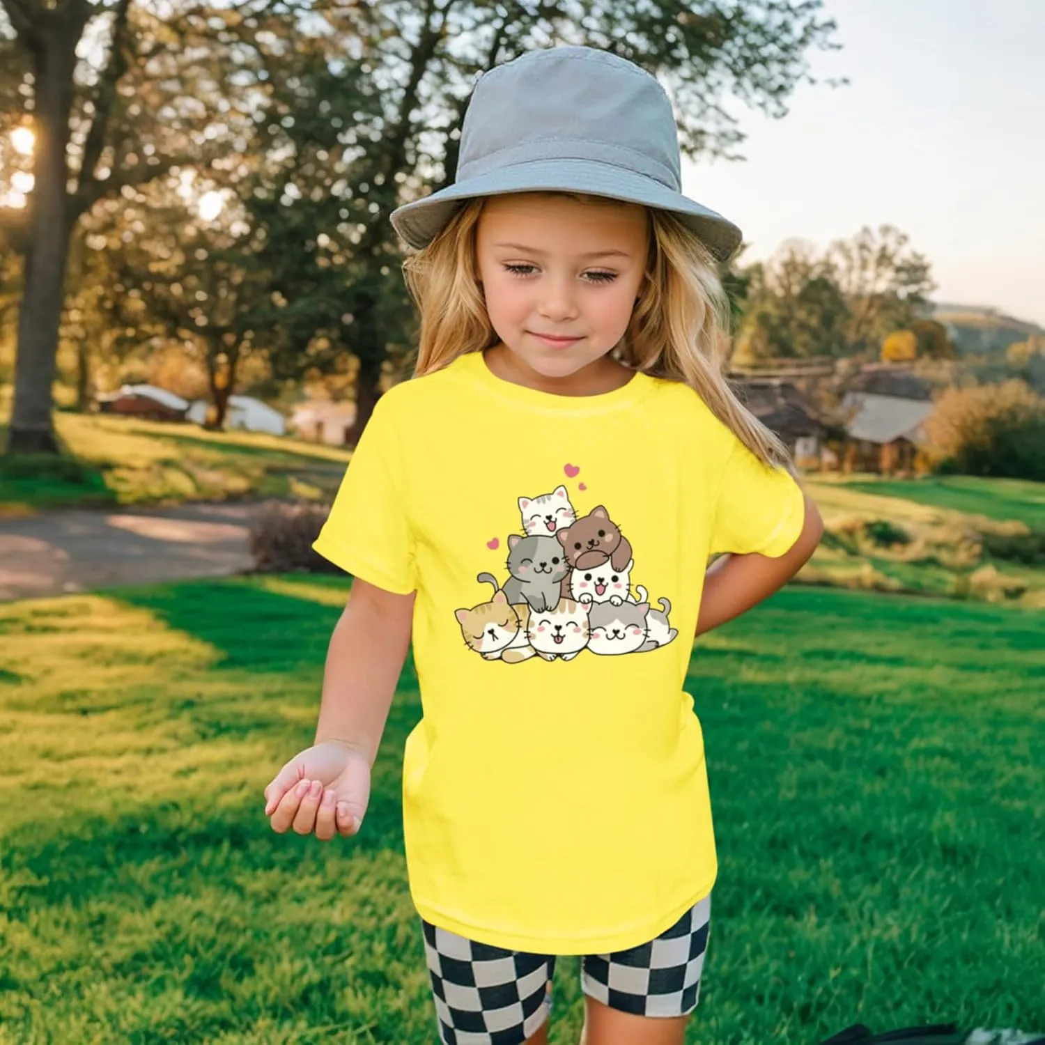 KEEVICI Cute Cartoon Cat Shirts for Girls Kids Graphic Tees Kawaii Animal Pattern T Shirt Cotton Crewneck Summer Loose Tops