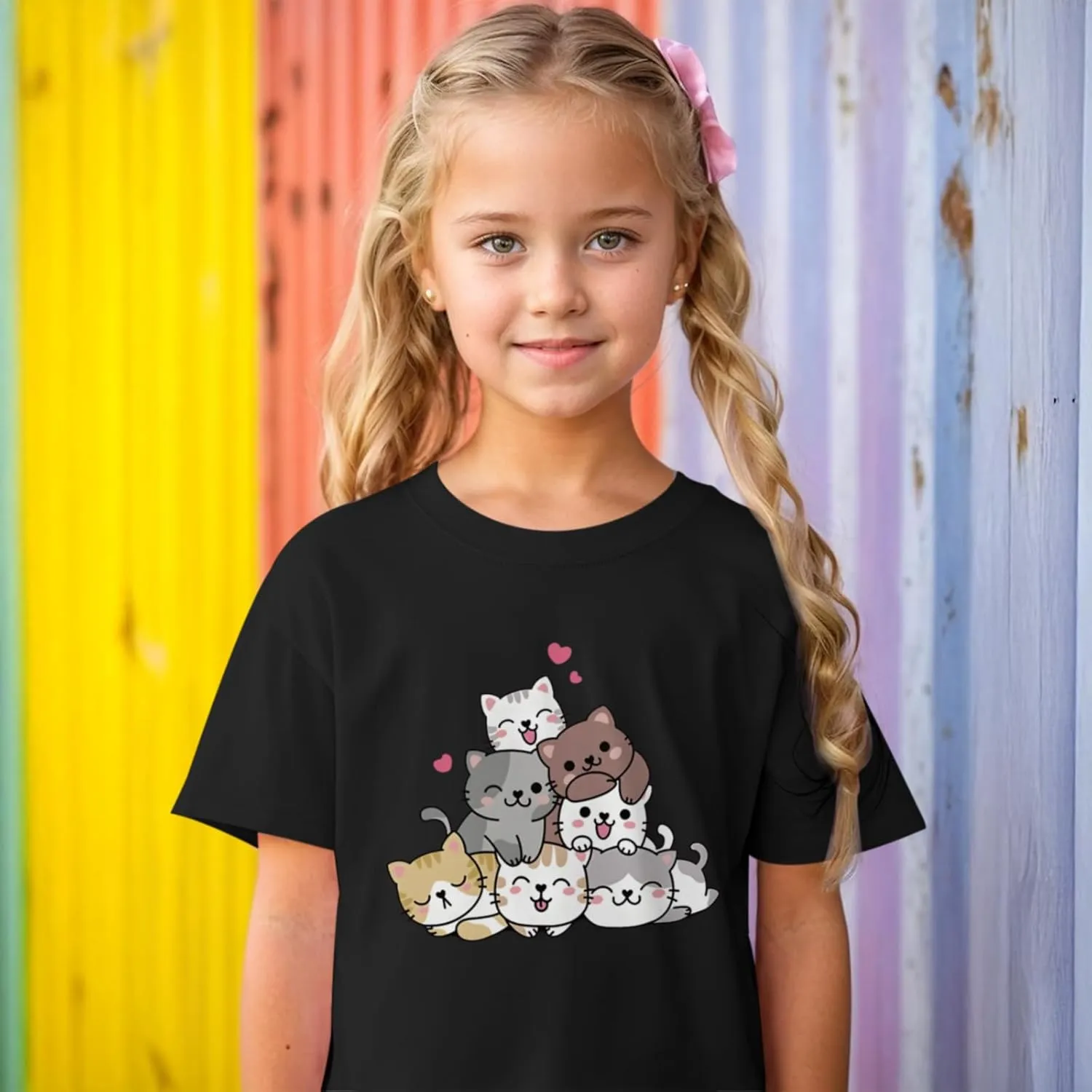 KEEVICI Cute Cartoon Cat Shirts for Girls Kids Graphic Tees Kawaii Animal Pattern T Shirt Cotton Crewneck Summer Loose Tops
