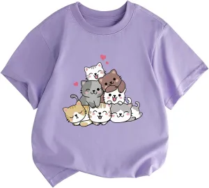 KEEVICI Cute Cartoon Cat Shirts for Girls Kids Graphic Tees Kawaii Animal Pattern T Shirt Cotton Crewneck Summer Loose Tops
