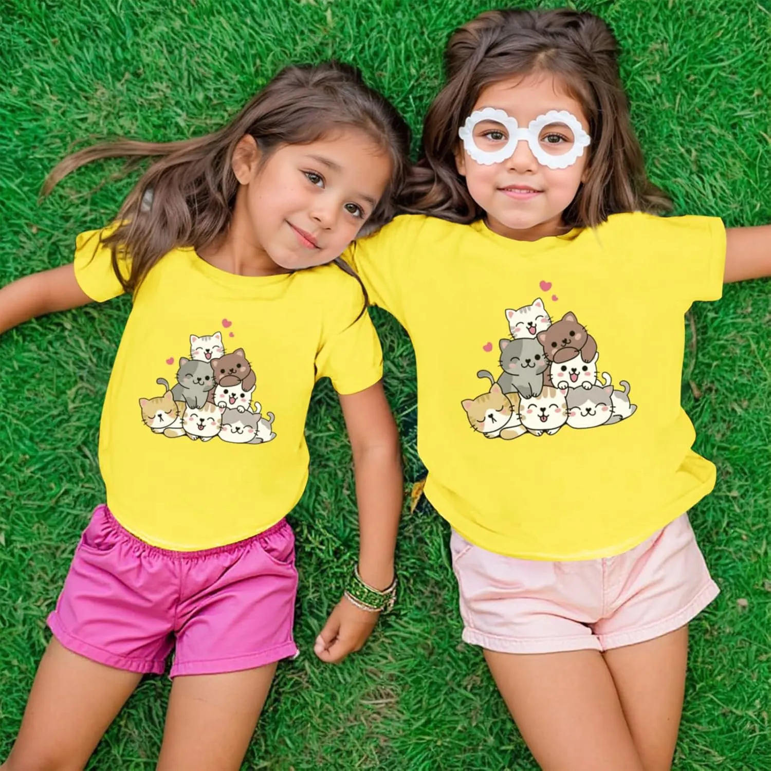 KEEVICI Cute Cartoon Cat Shirts for Girls Kids Graphic Tees Kawaii Animal Pattern T Shirt Cotton Crewneck Summer Loose Tops