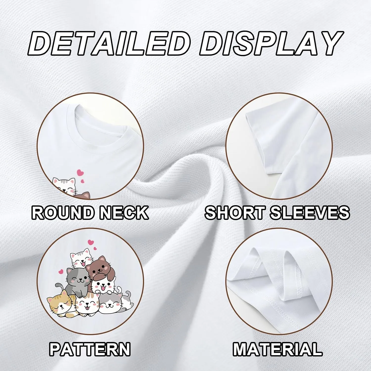 KEEVICI Cute Cartoon Cat Shirts for Girls Kids Graphic Tees Kawaii Animal Pattern T Shirt Cotton Crewneck Summer Loose Tops