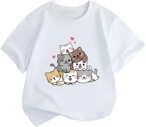 KEEVICI Cute Cartoon Cat Shirts for Girls Kids Graphic Tees Kawaii Animal Pattern T Shirt Cotton Crewneck Summer Loose Tops