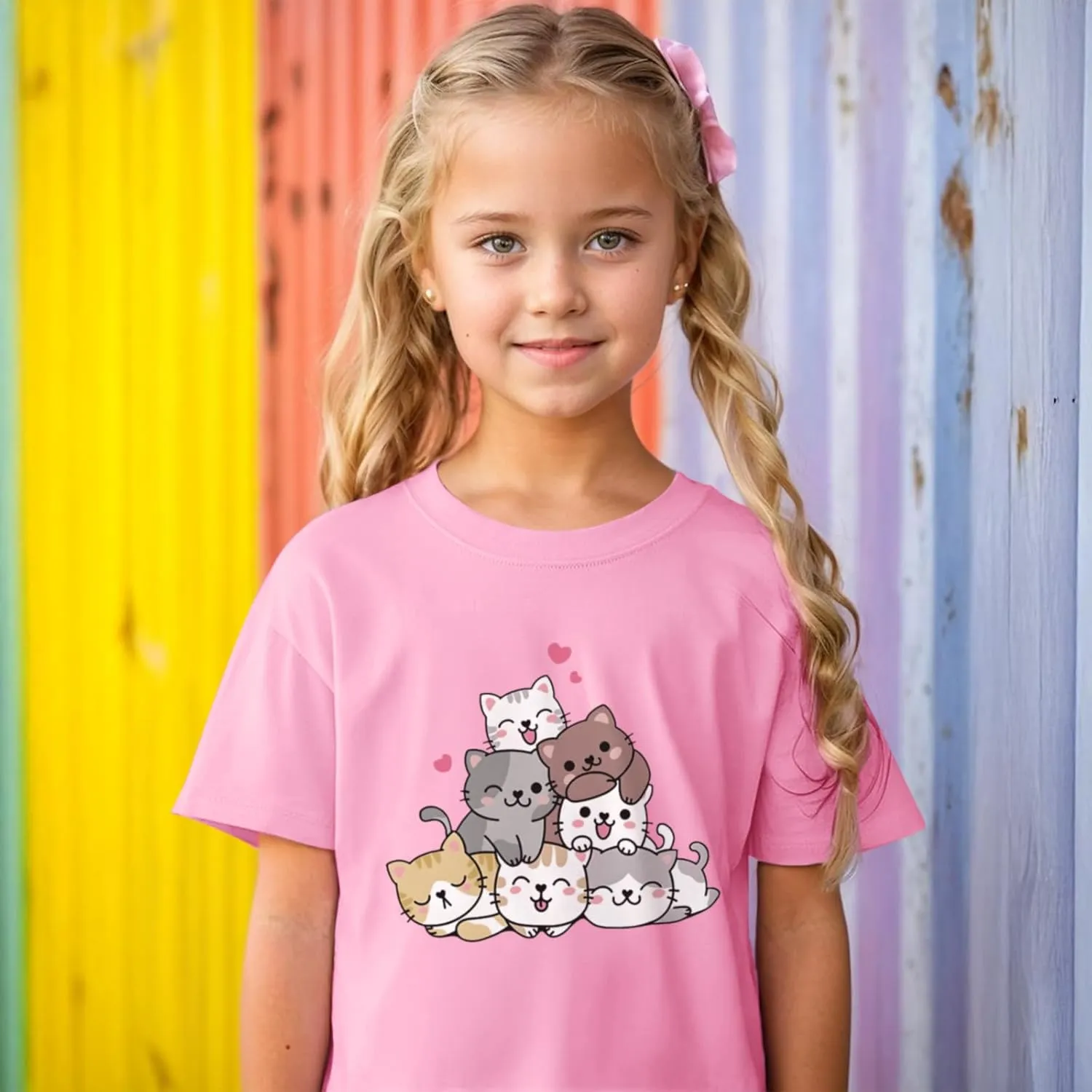 KEEVICI Cute Cartoon Cat Shirts for Girls Kids Graphic Tees Kawaii Animal Pattern T Shirt Cotton Crewneck Summer Loose Tops