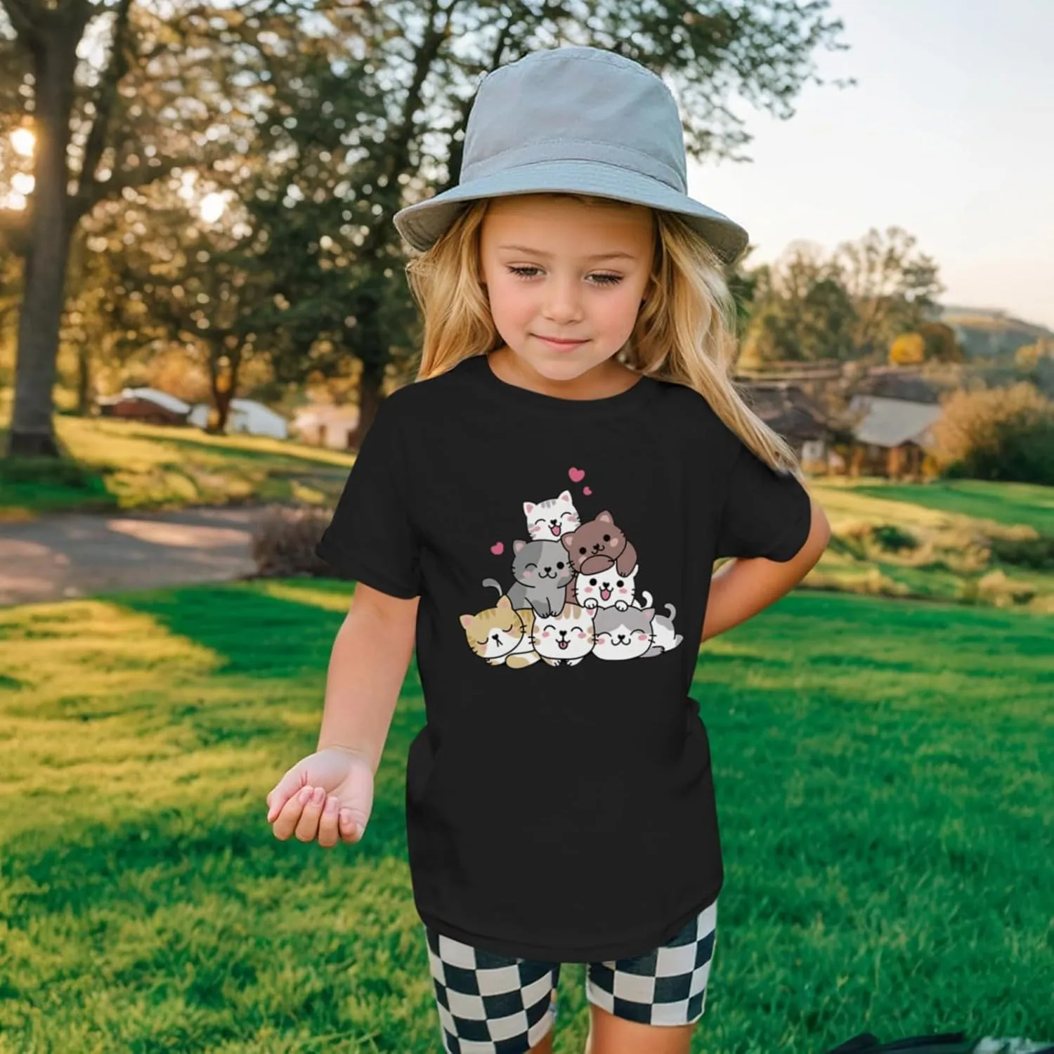 KEEVICI Cute Cartoon Cat Shirts for Girls Kids Graphic Tees Kawaii Animal Pattern T Shirt Cotton Crewneck Summer Loose Tops