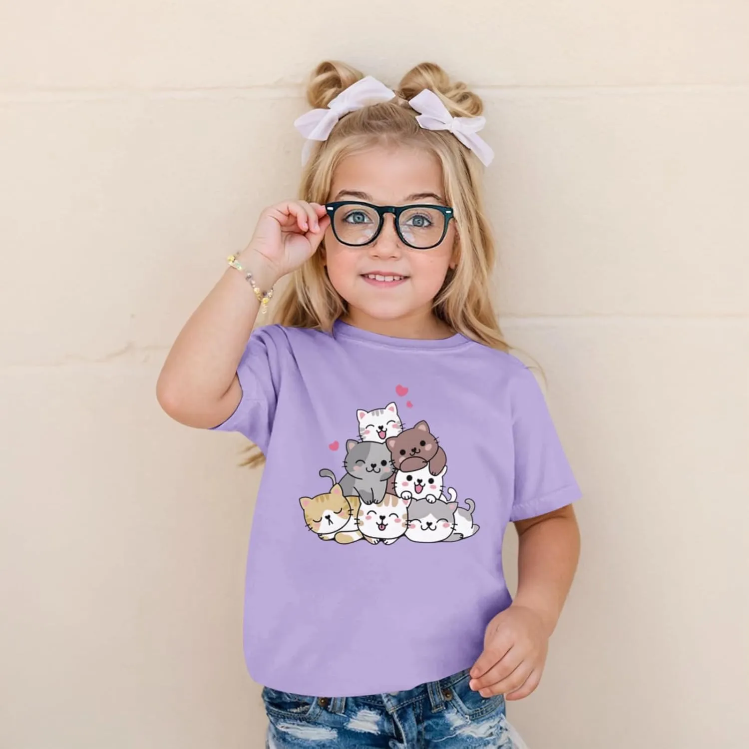 KEEVICI Cute Cartoon Cat Shirts for Girls Kids Graphic Tees Kawaii Animal Pattern T Shirt Cotton Crewneck Summer Loose Tops
