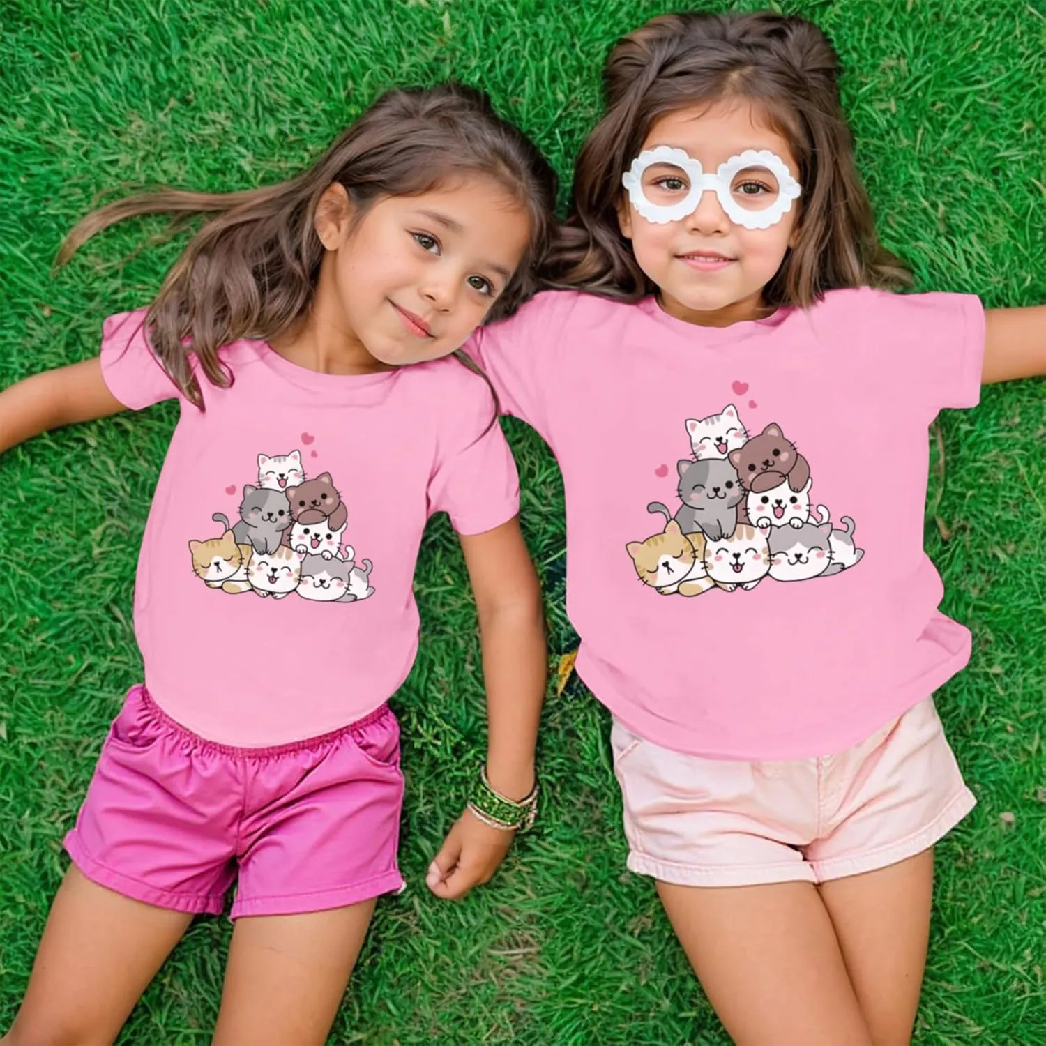 KEEVICI Cute Cartoon Cat Shirts for Girls Kids Graphic Tees Kawaii Animal Pattern T Shirt Cotton Crewneck Summer Loose Tops