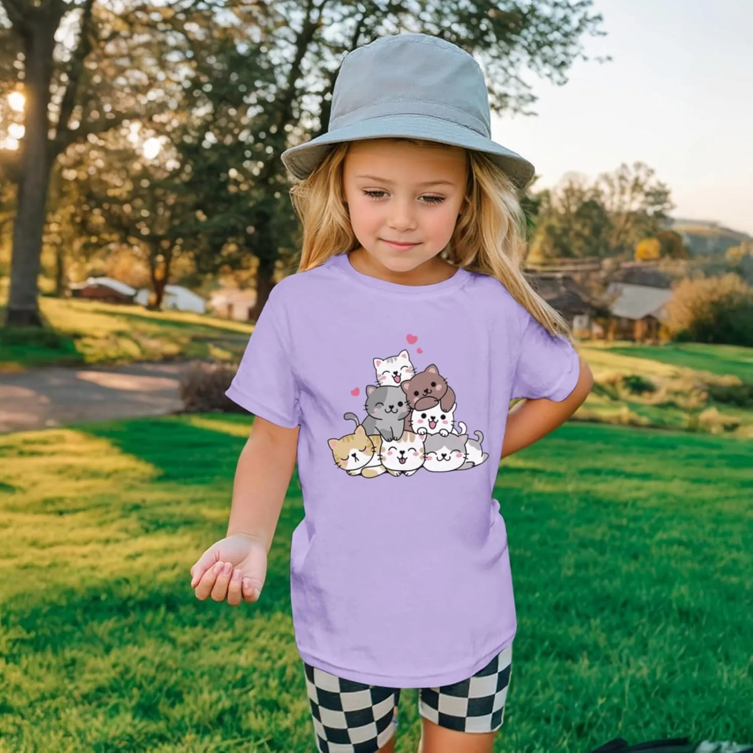 KEEVICI Cute Cartoon Cat Shirts for Girls Kids Graphic Tees Kawaii Animal Pattern T Shirt Cotton Crewneck Summer Loose Tops