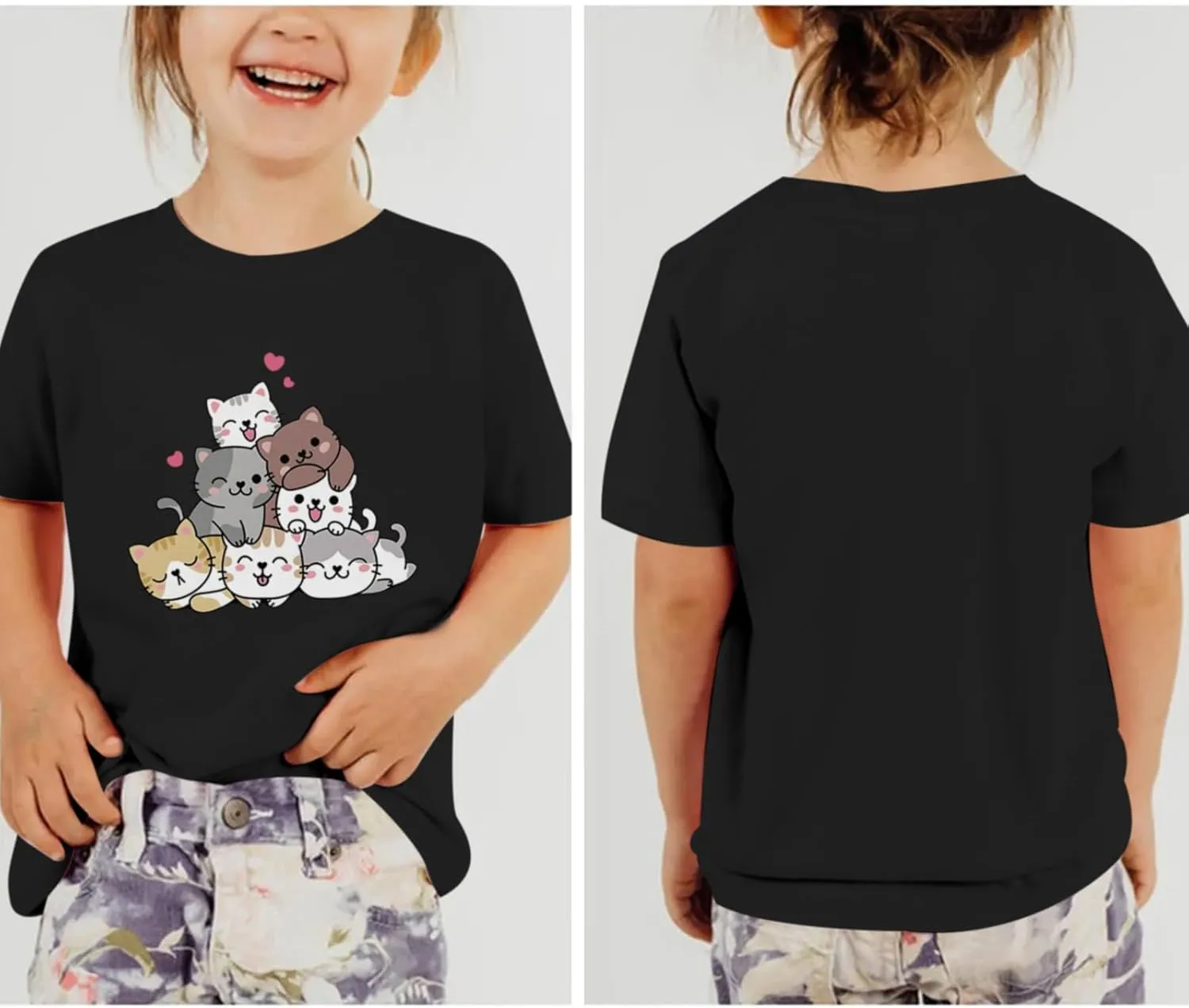 KEEVICI Cute Cartoon Cat Shirts for Girls Kids Graphic Tees Kawaii Animal Pattern T Shirt Cotton Crewneck Summer Loose Tops
