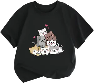 KEEVICI Cute Cartoon Cat Shirts for Girls Kids Graphic Tees Kawaii Animal Pattern T Shirt Cotton Crewneck Summer Loose Tops
