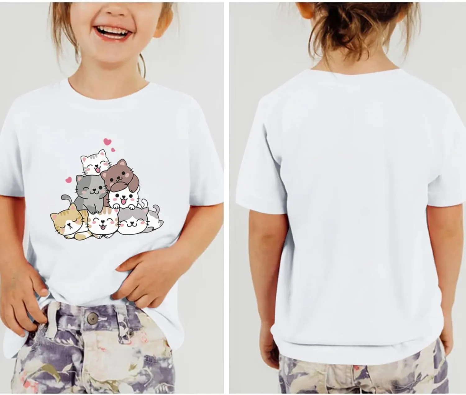 KEEVICI Cute Cartoon Cat Shirts for Girls Kids Graphic Tees Kawaii Animal Pattern T Shirt Cotton Crewneck Summer Loose Tops