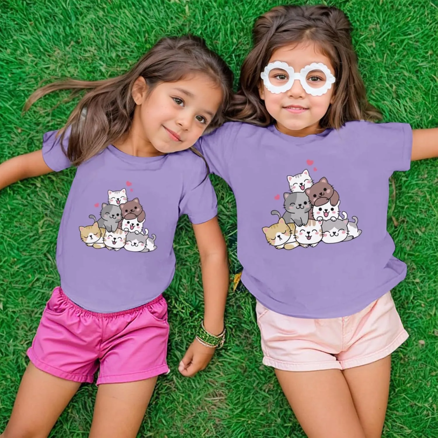KEEVICI Cute Cartoon Cat Shirts for Girls Kids Graphic Tees Kawaii Animal Pattern T Shirt Cotton Crewneck Summer Loose Tops