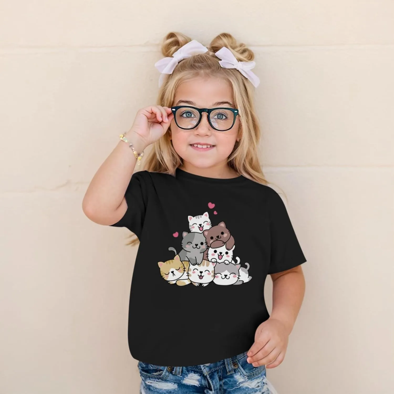 KEEVICI Cute Cartoon Cat Shirts for Girls Kids Graphic Tees Kawaii Animal Pattern T Shirt Cotton Crewneck Summer Loose Tops