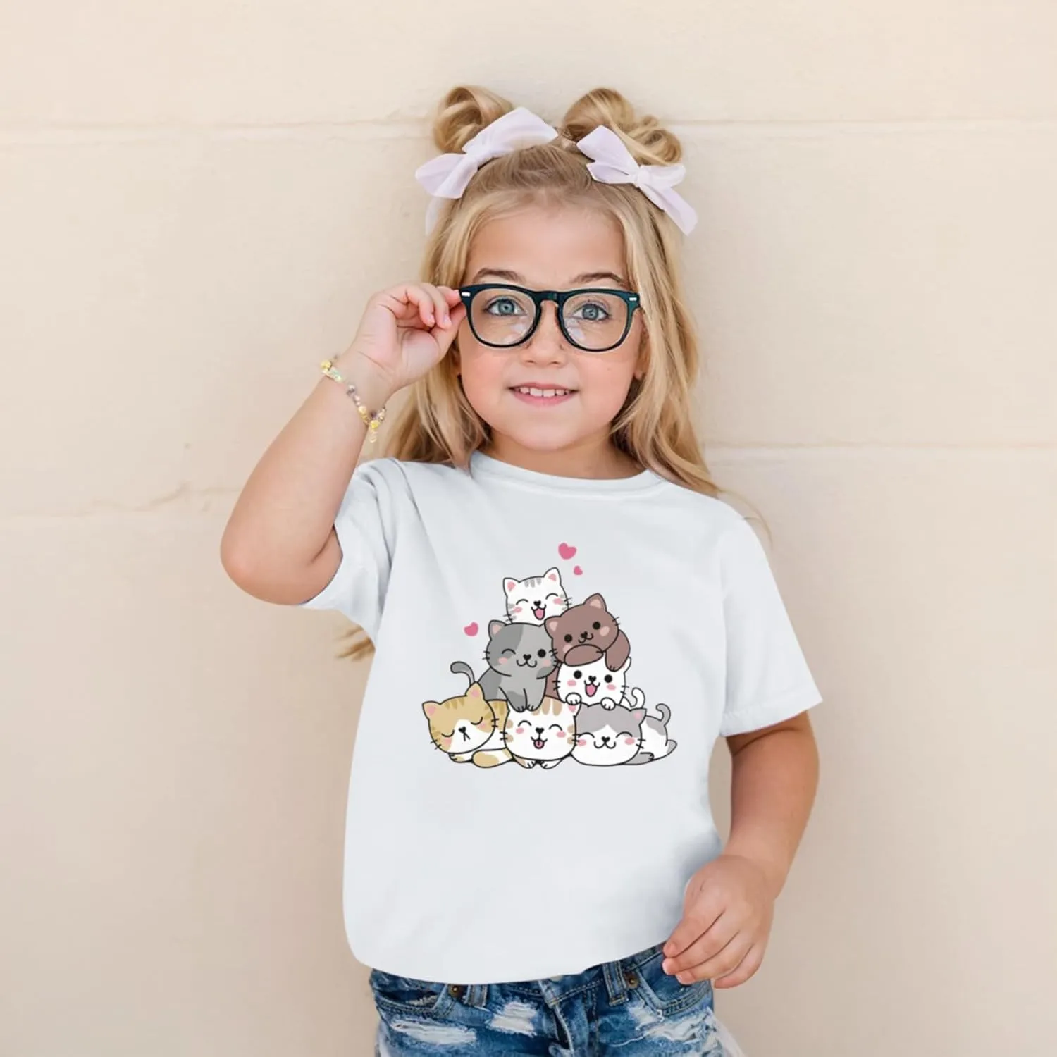 KEEVICI Cute Cartoon Cat Shirts for Girls Kids Graphic Tees Kawaii Animal Pattern T Shirt Cotton Crewneck Summer Loose Tops