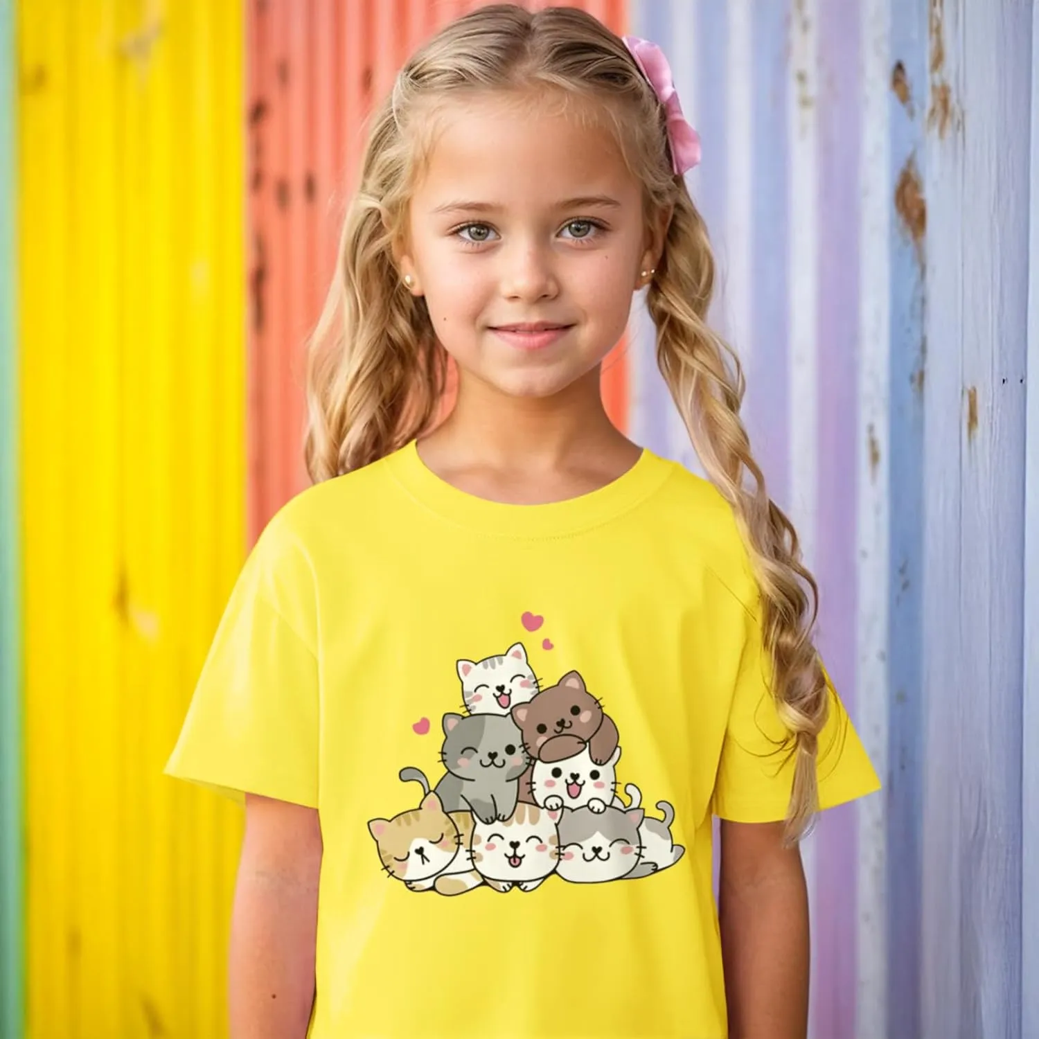 KEEVICI Cute Cartoon Cat Shirts for Girls Kids Graphic Tees Kawaii Animal Pattern T Shirt Cotton Crewneck Summer Loose Tops