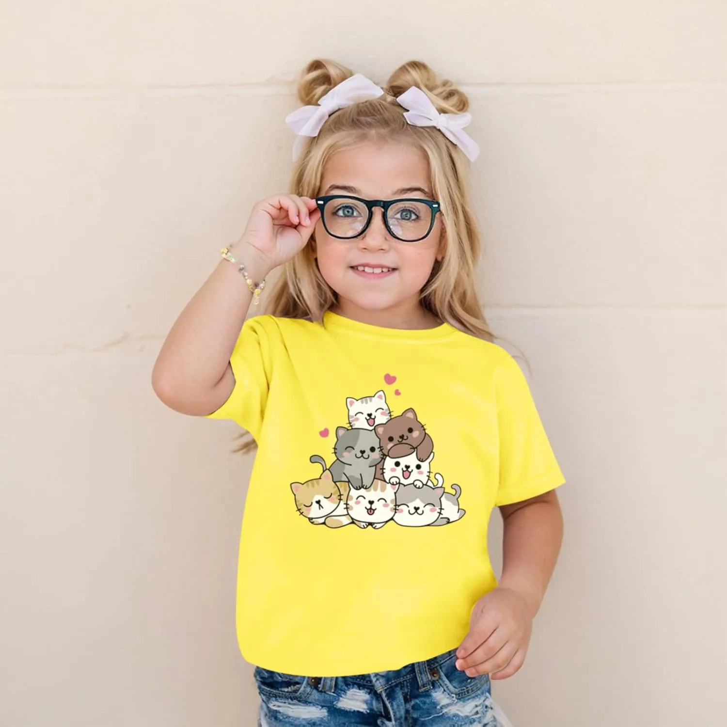 KEEVICI Cute Cartoon Cat Shirts for Girls Kids Graphic Tees Kawaii Animal Pattern T Shirt Cotton Crewneck Summer Loose Tops