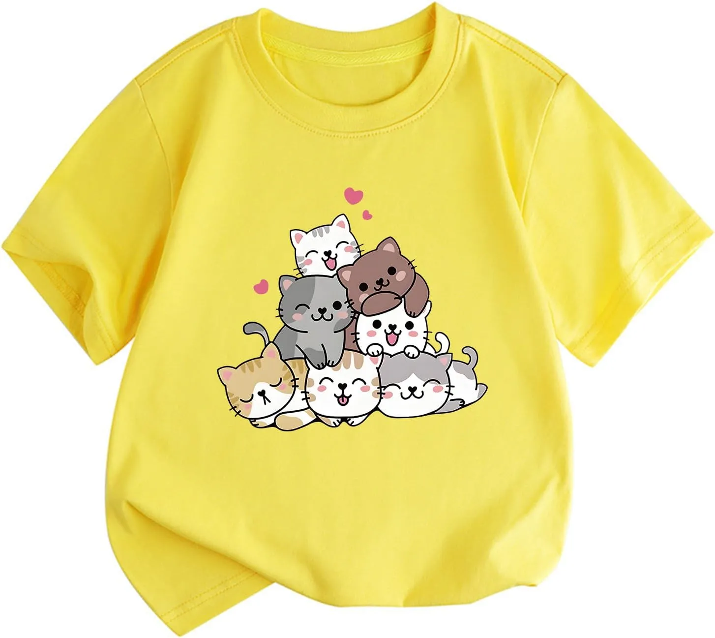 KEEVICI Cute Cartoon Cat Shirts for Girls Kids Graphic Tees Kawaii Animal Pattern T Shirt Cotton Crewneck Summer Loose Tops