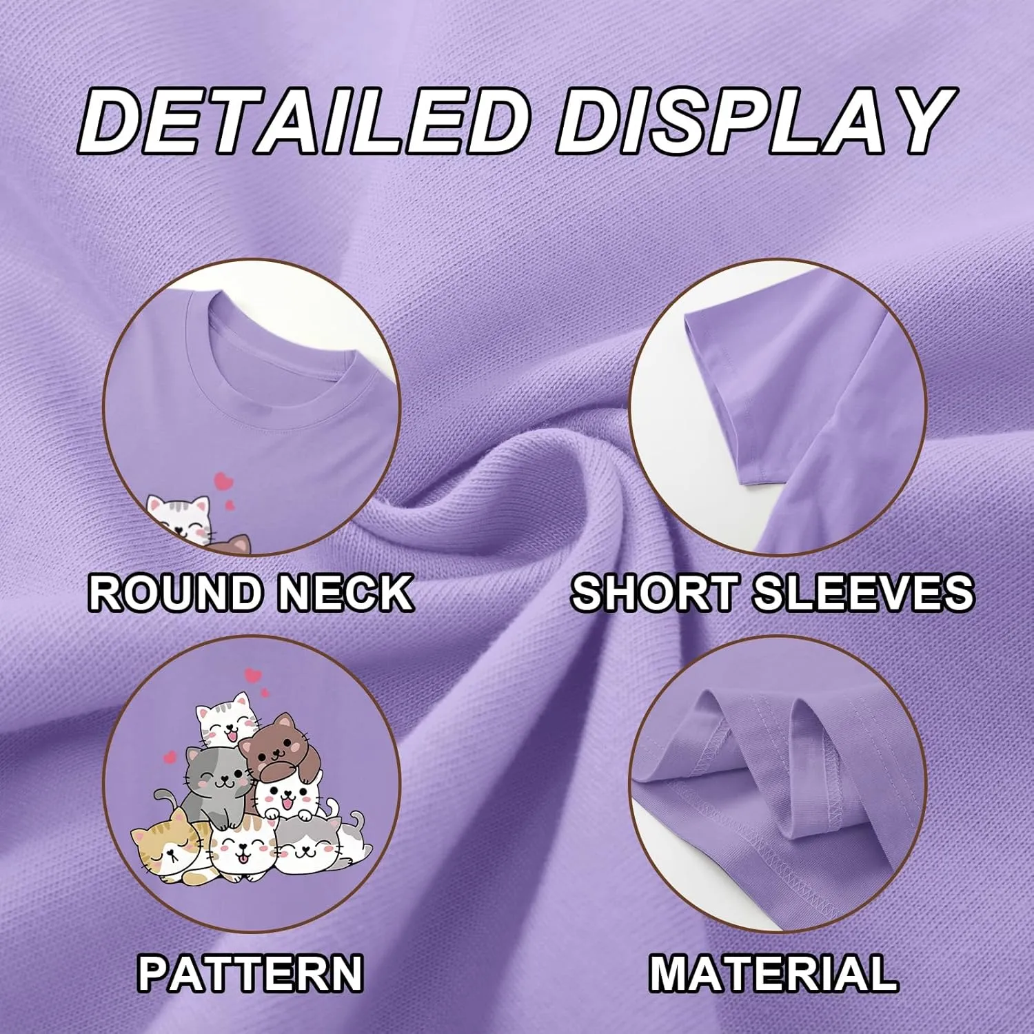KEEVICI Cute Cartoon Cat Shirts for Girls Kids Graphic Tees Kawaii Animal Pattern T Shirt Cotton Crewneck Summer Loose Tops