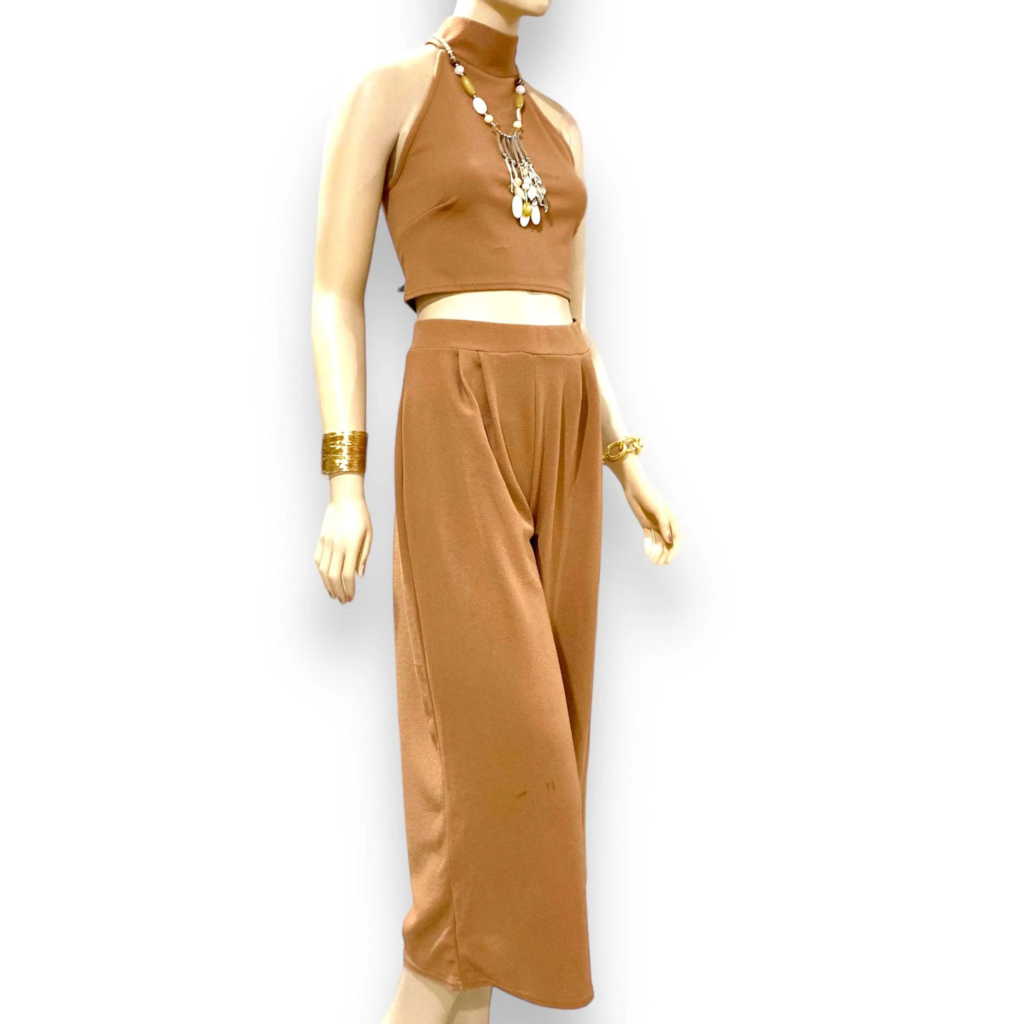 Khaki Tan Crop Top & Wide Leg Pants Outfits