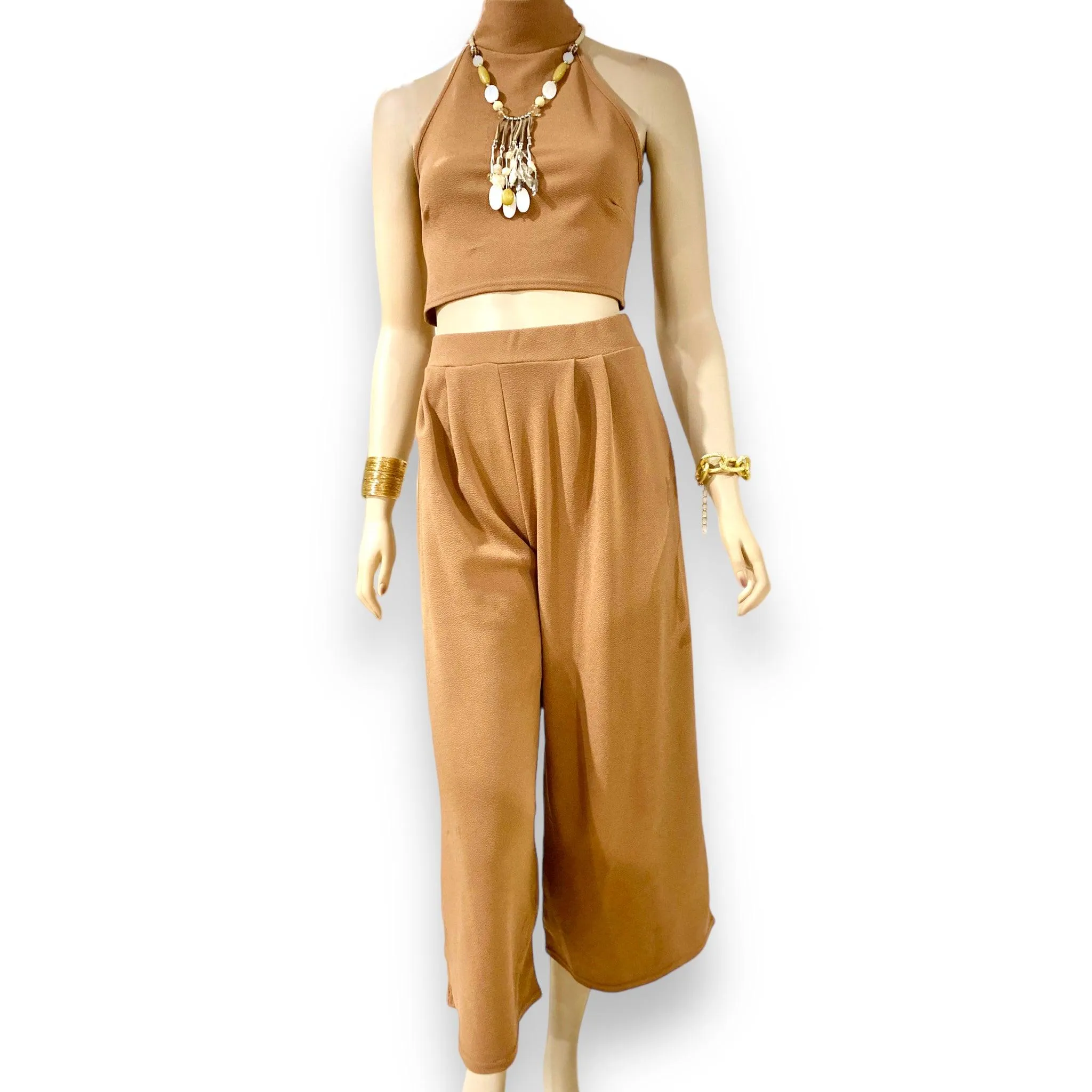 Khaki Tan Crop Top & Wide Leg Pants Outfits
