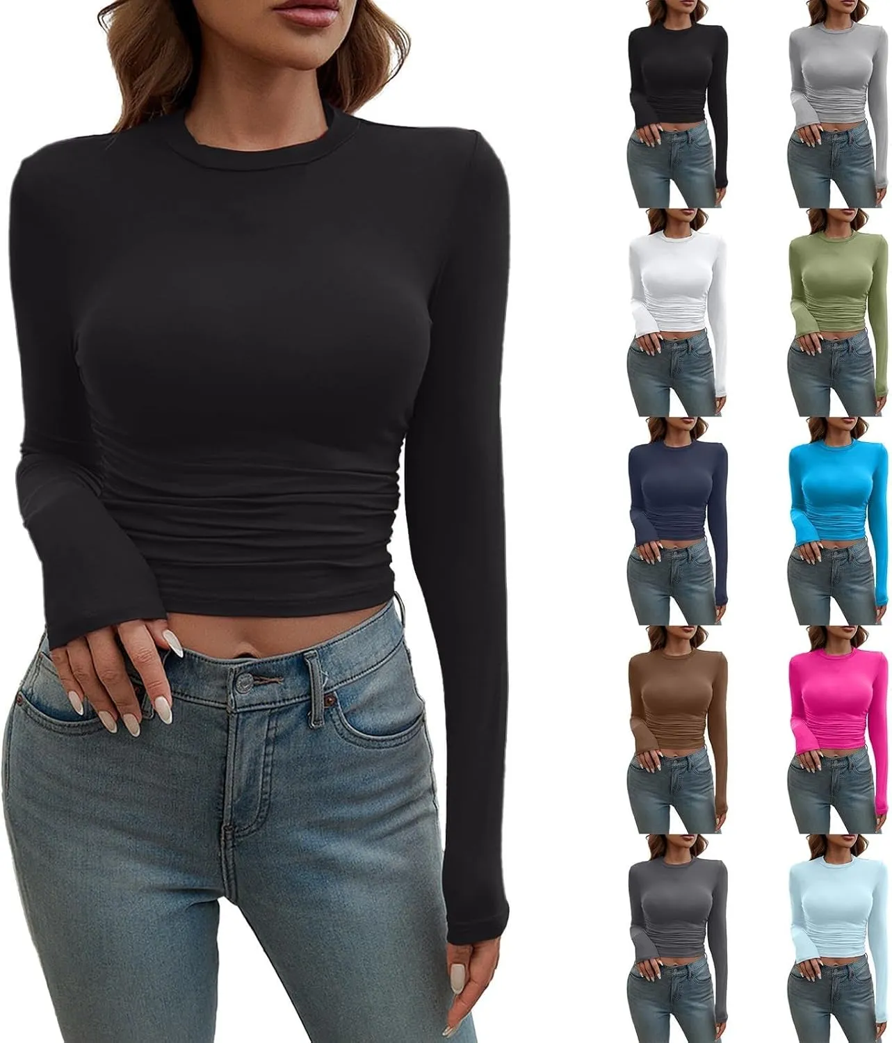 KUIOLYPOER Womens Solid Colour Crew Neck Basic Long Sleeve T Shirt Slim Fit Tees 2024 Fall Y2k Outfits Crop Tight Tops