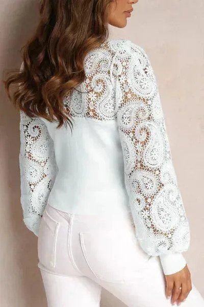 Lace Patchwork Round Neck Long Sleeve Blouse