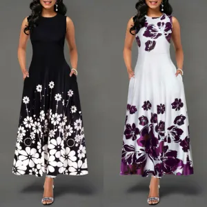 Large Size Elegant Women's Floral Print Long Maxi Dress Evening Party Beach Dress Summer Sleeveless Long Flower Sun dresses