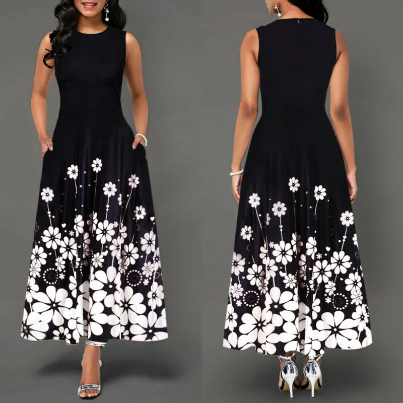 Large Size Elegant Women's Floral Print Long Maxi Dress Evening Party Beach Dress Summer Sleeveless Long Flower Sun dresses