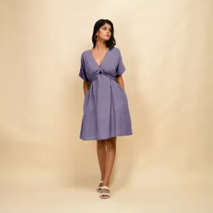 Lavender 100% Linen V-Neck Knee Length Blouson Dress