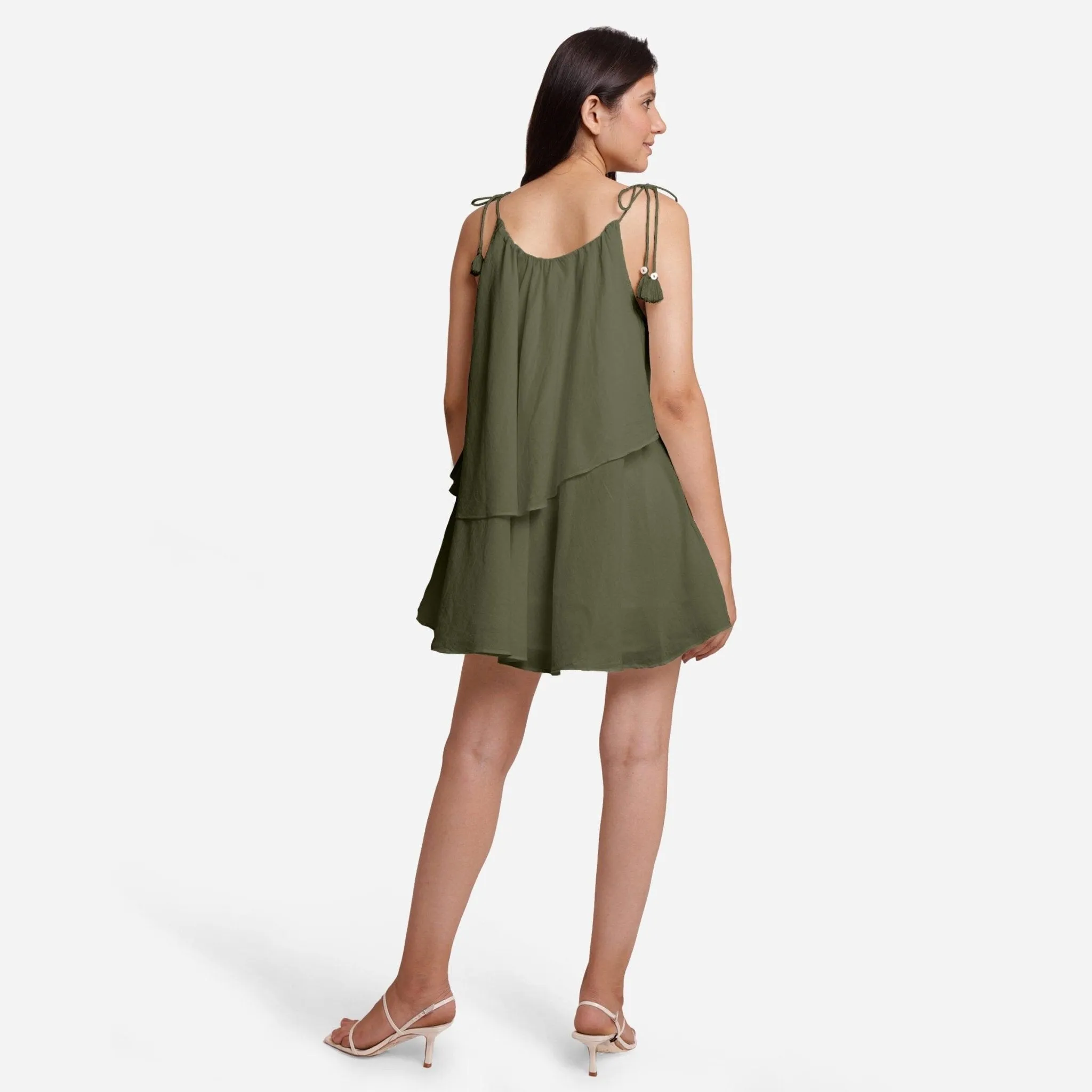 Light Green 100% Cotton Tie-Up Shoulder Tier Mini Dress